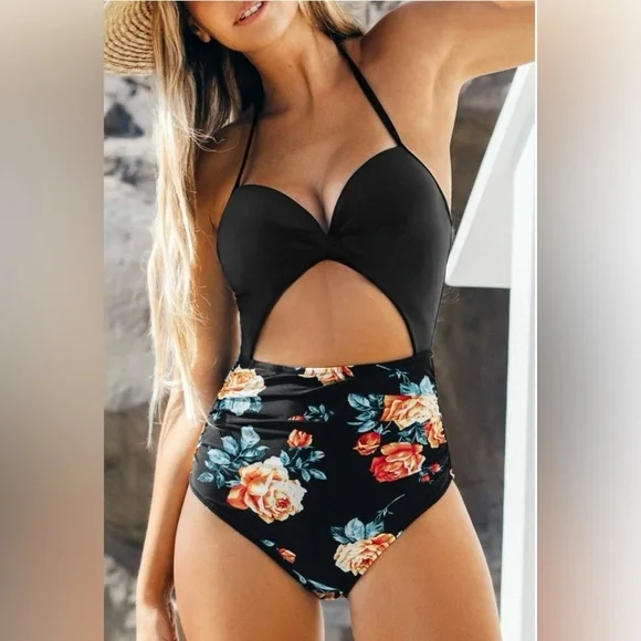 Cupshe Black Floral One-Piece Swimsuit - Picture 2 of 13